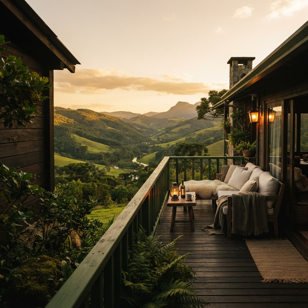 Cabana do Bosque do Vale ao entardecer, cenário das promoções vigentes